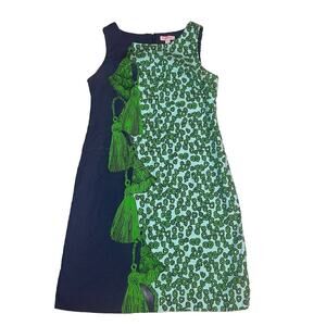 Lilly Pulitzer Sleeveless Shift Dress 4 S Green Navy Tassel Rope Animal Print
